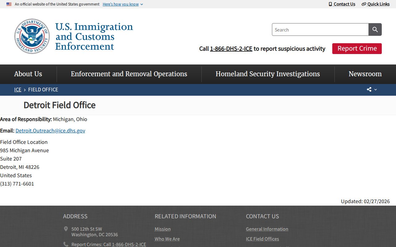 Kalamazoo County ICE detainee release contact through Detroit Field Office