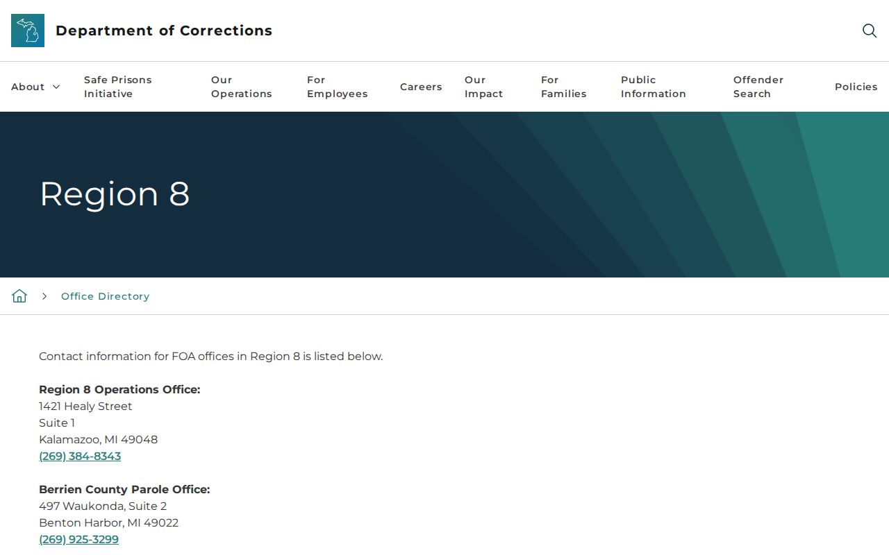 MDOC Kalamazoo parole probation office Region 8 directory