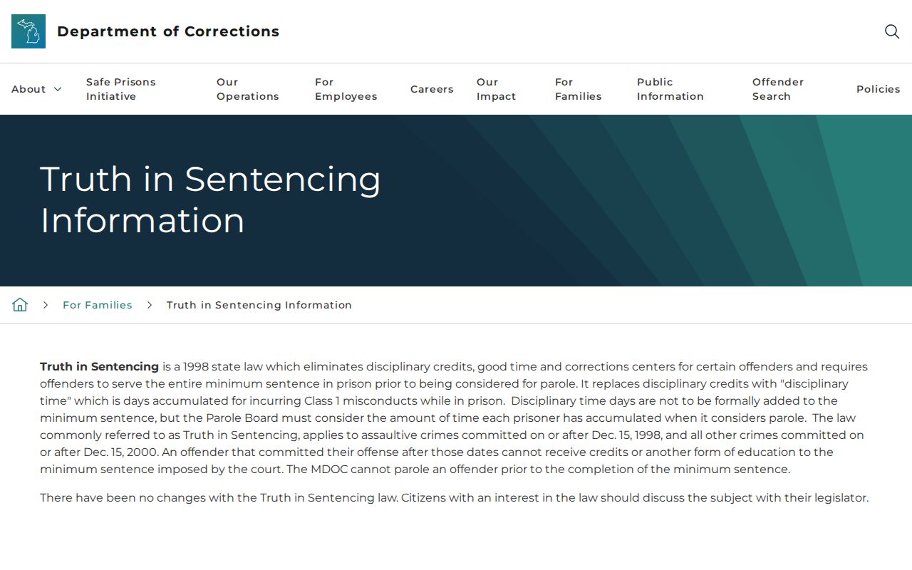 Kalamazoo County state prison release date truth in sentencing information