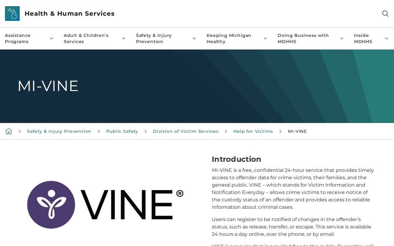 Michigan VINE registration details for Kalamazoo County release notifications